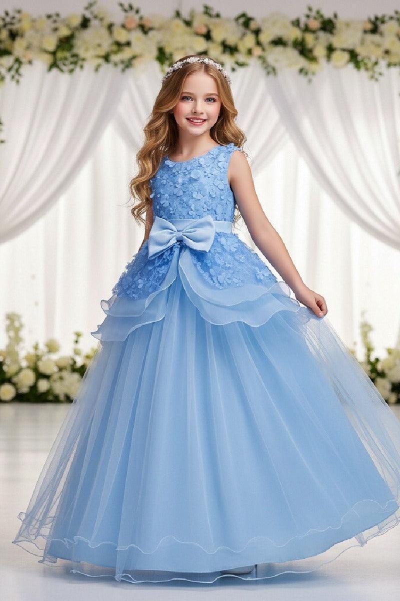 A-Line Round Neck Sleeveless Organza Floor Length Flower Girl Dresses 1029094443095 - 7 Days / Sky Blue / 120cm - COCOMELODY